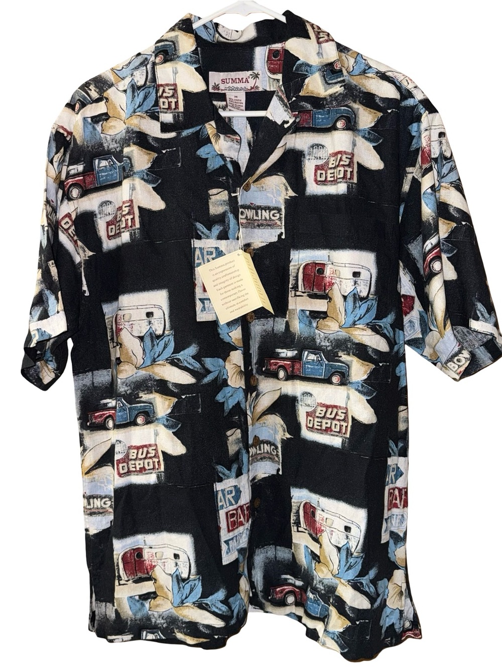 Summa Men’s Short Sleeve Button Up Shirt Cars Bus Depot Hawaiian Floral Medium
